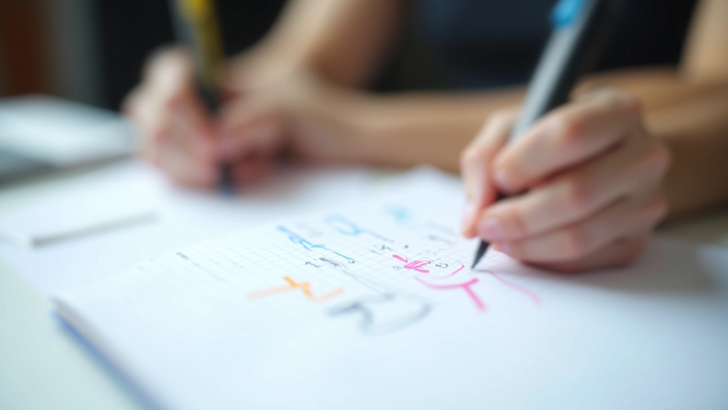 Nahaufnahme von handgeschriebenen Notizen mit Markierungen, Pfeilen und Symbolen auf kariertem Papier