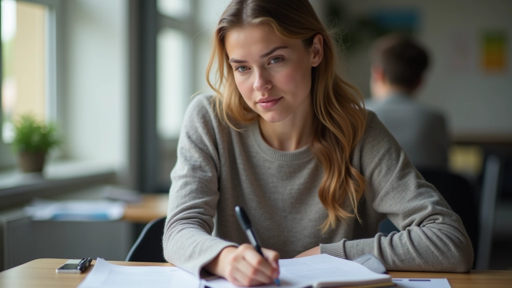 Studentin mit Notizblock und Karteikarten beim Lernen