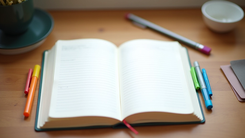 Offenes Notizbuch mit verschiedenen Notationsmethoden und farbigen Stiften auf Schreibtisch