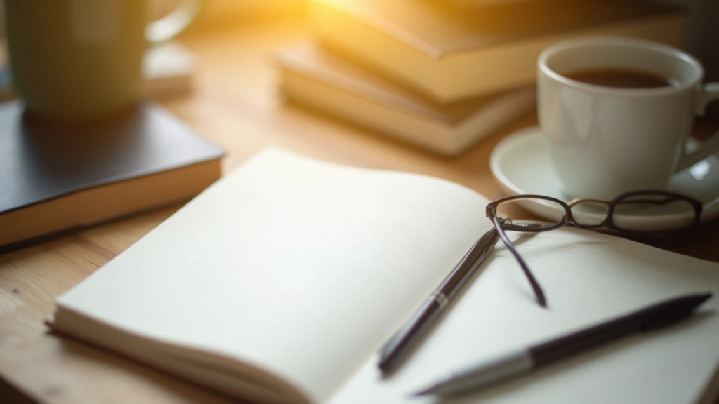 Sammlung von Lernwerkzeugen auf Schreibtisch: Buch, Notizbuch, Stift, Brille und Kaffeetasse in warmer Beleuchtung