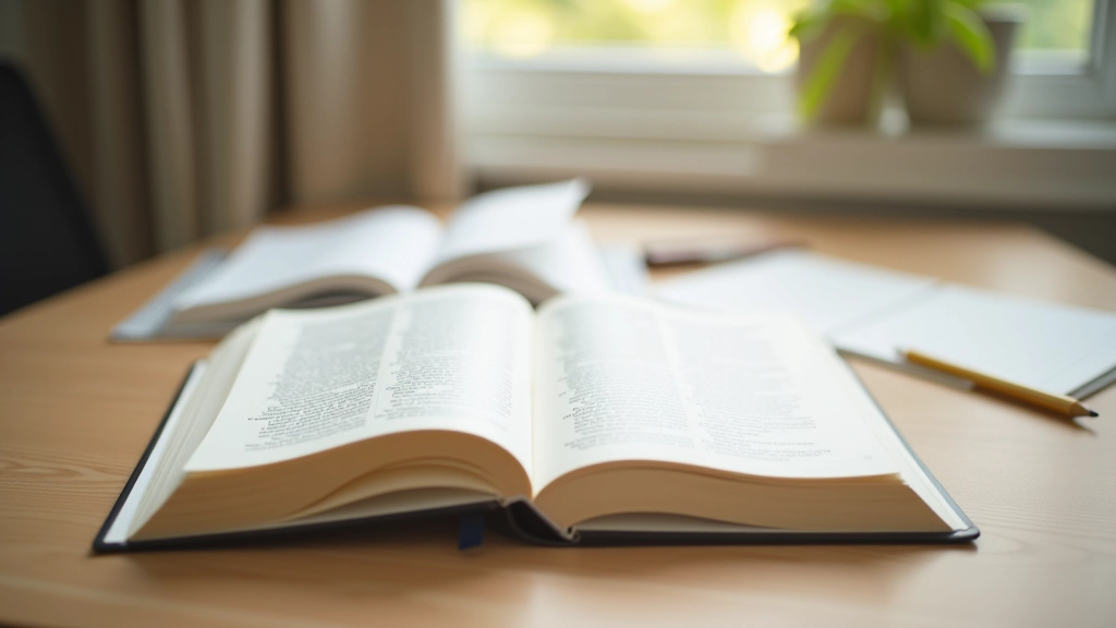 Zwei offene Bände nebeneinander auf Holztisch mit Notizbuch und Bleistift, akademische Atmosphäre