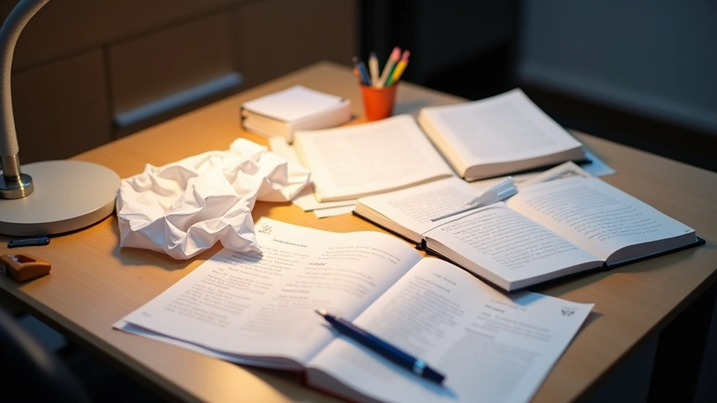 Arbeitsbereich mit durchgestrichenen Notizen und überarbeiteten Lernmaterialien