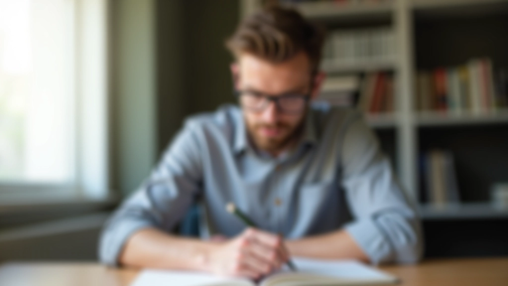 Person sitzt an Schreibtisch mit offenen Buch und markiert Stellen mit buntem Stift, konzentrierte Atmosphäre
