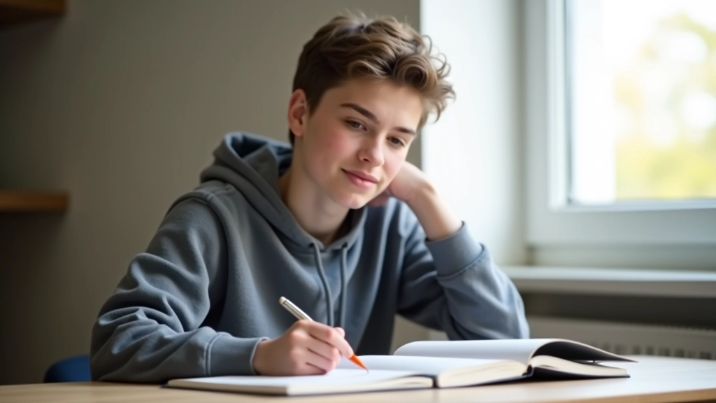 Schüler kombiniert schnelle Lesetechniken mit handschriftlichen Notizen und Markierungen
