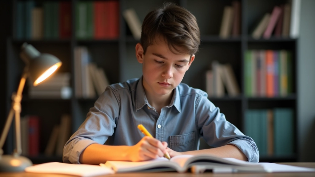Schüler arbeitet konzentriert mit Textmarker und Notizen beim Durchsehen von dichtem Material