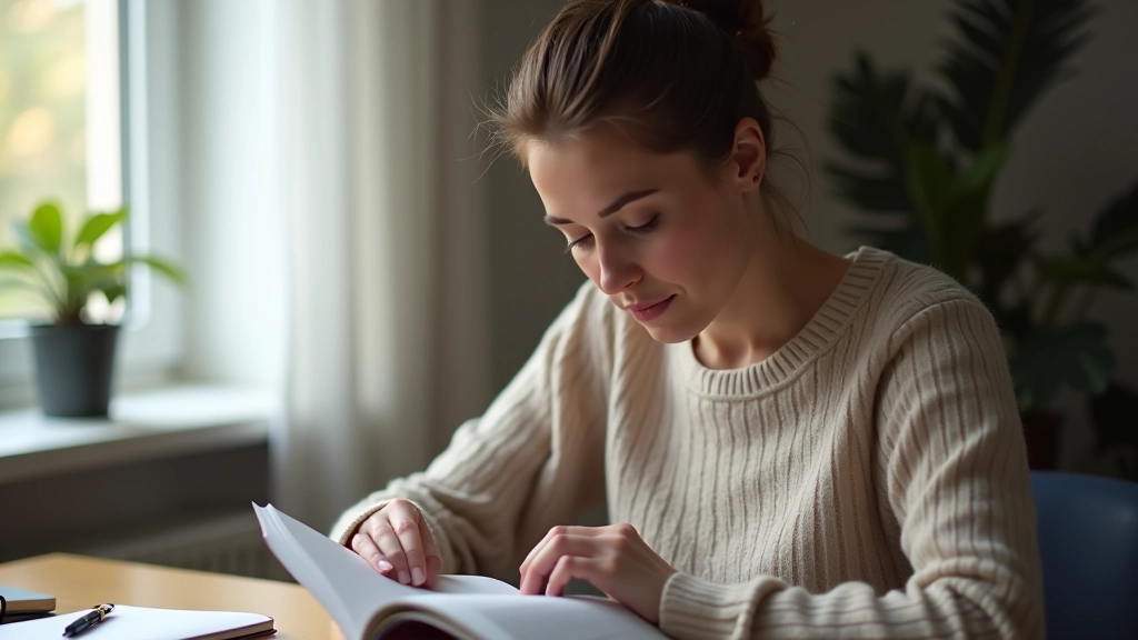 Person liest konzentriert ein Buch am Schreibtisch mit Notizblock daneben