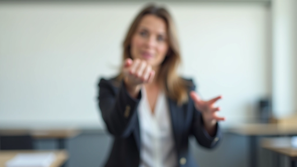 Trainerin zeigt Augenbewegungsübungen mit Hand und Finger in klarem Klassenzimmer